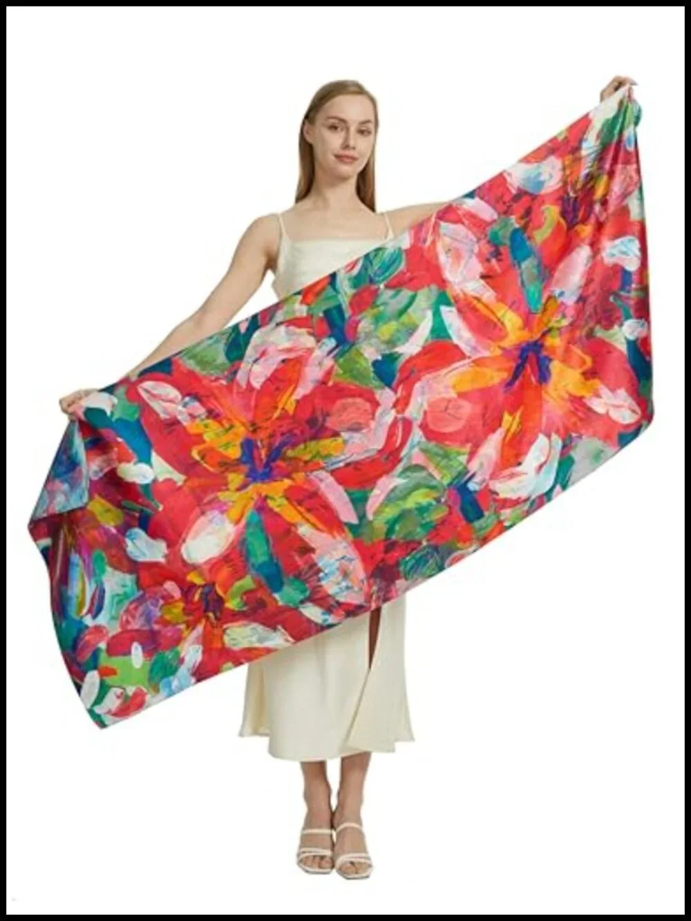 Floral Fashion Scarf Lightweight Silk Feeling Shawl Double Sides